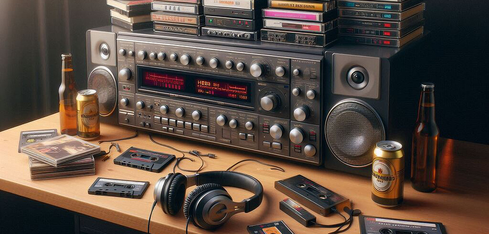 AI generated image of a messy 90's desk with a hifi system. There's cassette tapes and beer scattered around and a pair of headphones lays in front.