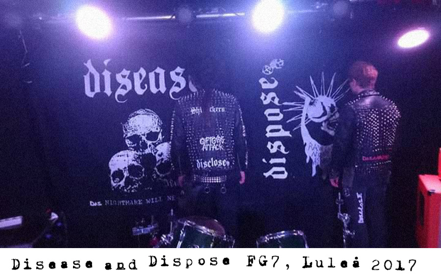 A photo of Alex from Disease to the left and Nils from Dispose on the right, both looking at the backdrop on stage