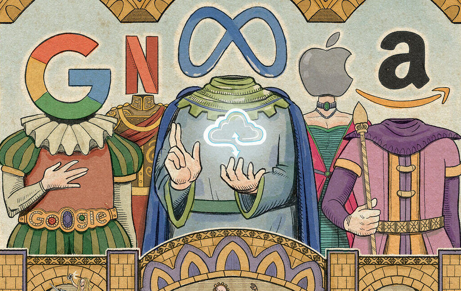 A medieval painting of five important figues, with their heads being different logos of big tech