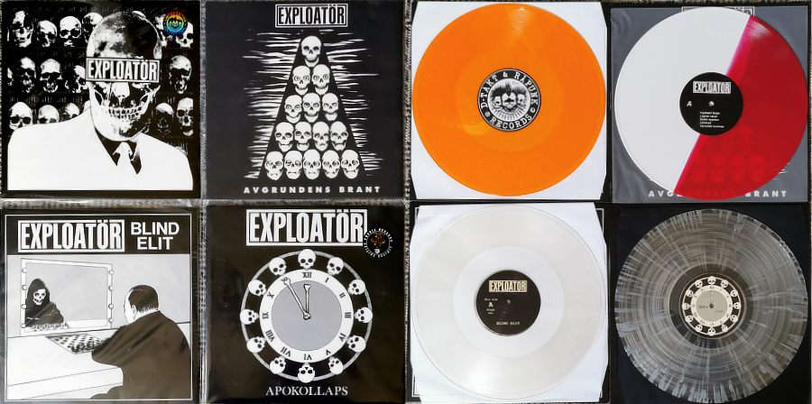 A top down view of Exploatörs discography, the four album covers to the left and the four vinyl versions on the right