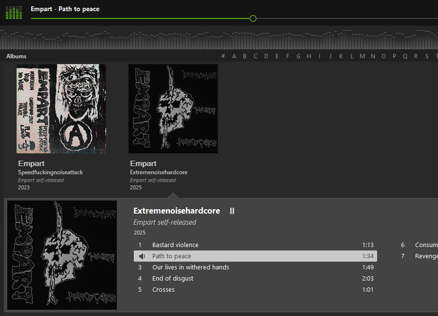 A screenshot of my music player with Extremenoisehardcore playing